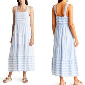 Casa Cabana Blue White Cabana Stripe Linen Blend Smocked Midi Sundress Small